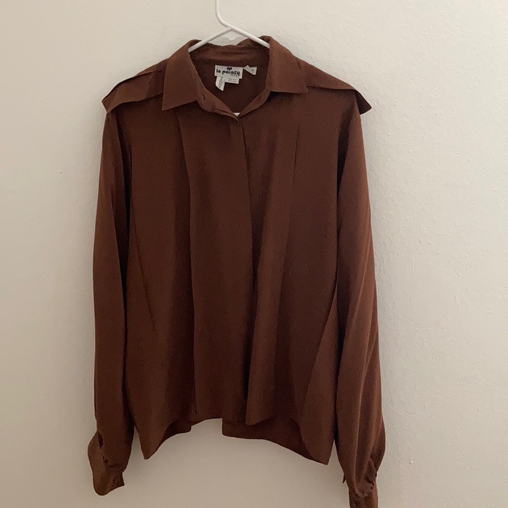 100% silk brown button down blouse.